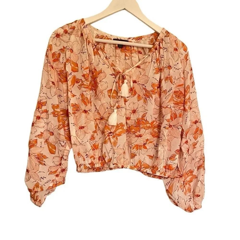 Reimagined J. Crew XS orange floral rouged sleeves and waist line tassels
